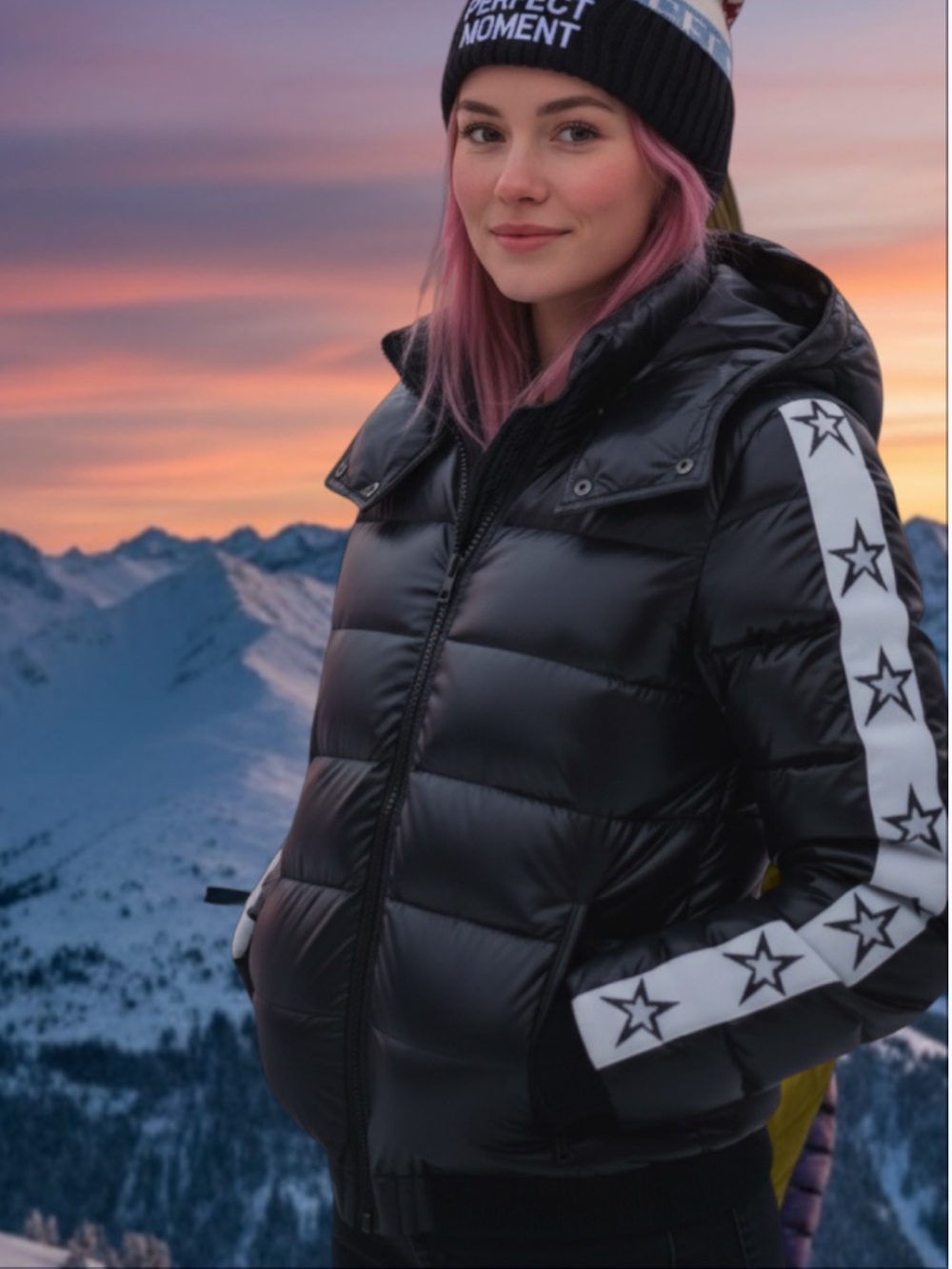 Perfect Moment Black Shiny Ski Puffer Jacket with White Star-Trim Sleeves